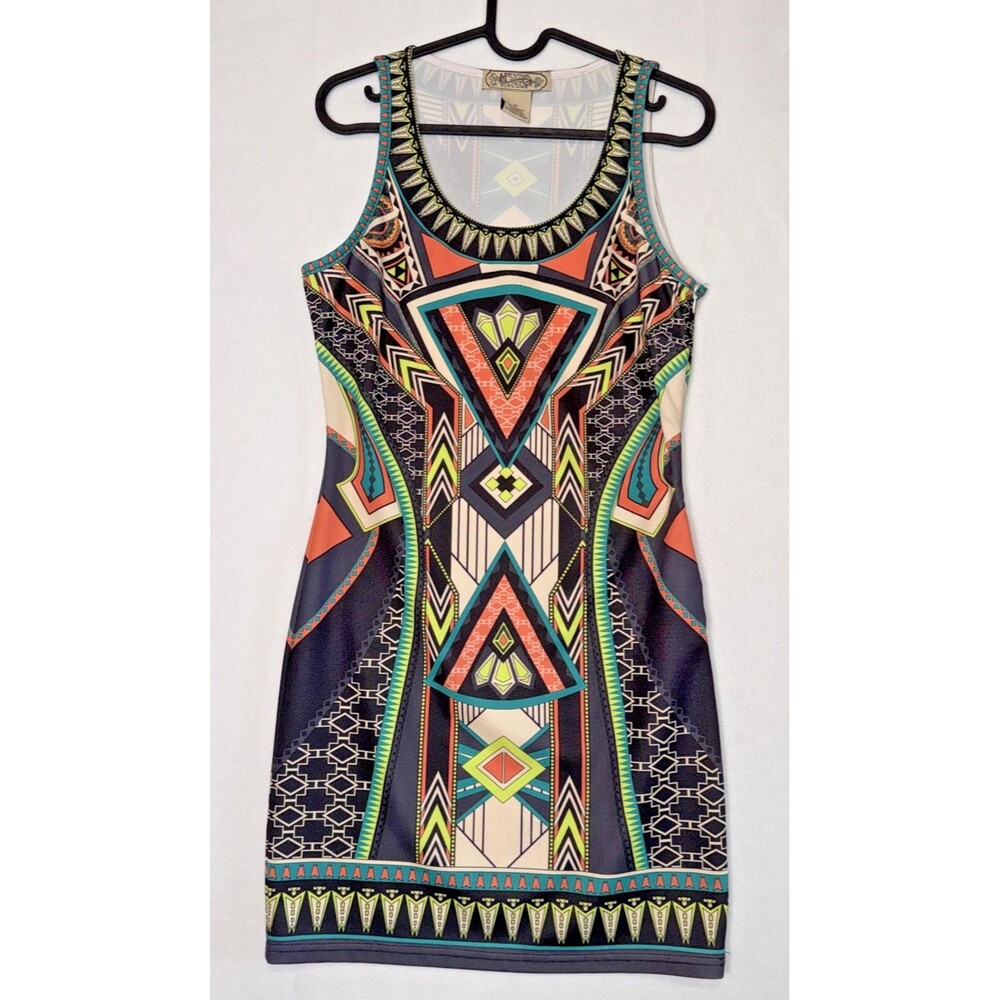 Flying Tomato Dress Womens Sz M Multicolor Aztec Sleeveless Round Neck Zip Up
